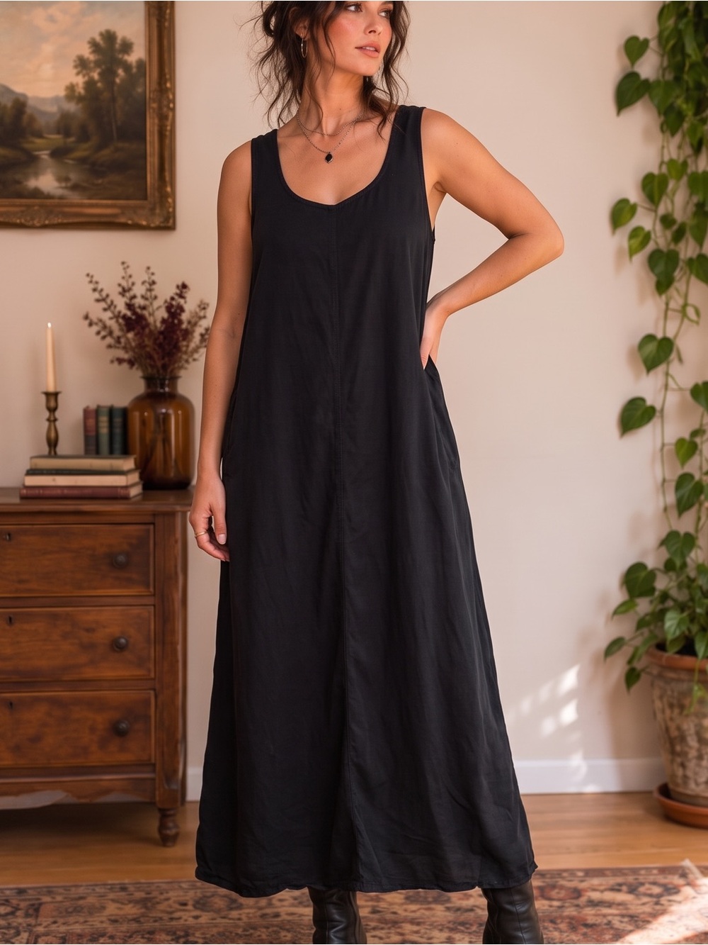 VINTAGE KAREN KANE Lyocell Cotton Maxi Dress Black Size 2X